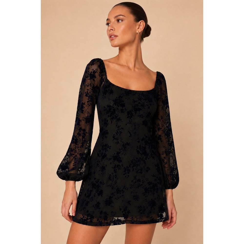 Lucy In The Sky Velvet Burnout Mesh Mini Dress S Blue Black Dark Coquette Party